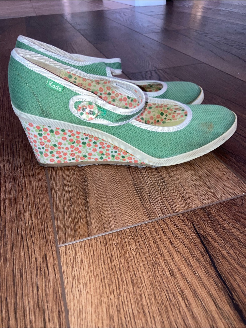 Keds Mint Green Floral Wedge shoe 70s style size 9.5 - Picture 2 of 7